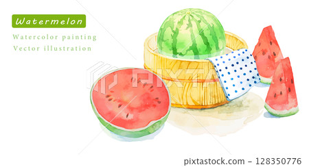 Watercolor vector illustration of watermelon chilled in a bucket 128350776