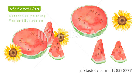 向日葵和切西瓜水彩向量插圖集 128350777