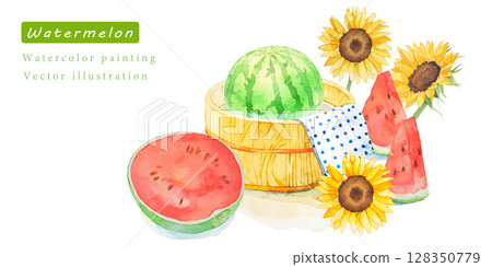 Sunflower and chilled watermelon watercolor vector illustration set 128350779
