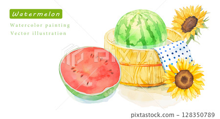 向日葵與冰鎮西瓜水彩向量插圖集 128350789