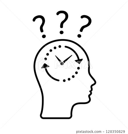 Human Head with Clock and Question Marks, Time Pressure and Decision Confusion, Vector Icon of Thinking Process and Deadline Concept, Black Outline Silhouette. Editable Stroke Human Head with Clock and Question Marks, Time Pressure and Decision Confusion, Vector Icon of Thinking Process and Deadline Concept, Black Outline Silhouette. Editable Stroke 128350829