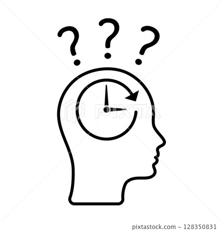 Time management confusion concept. Human head with clock and question marks. Symbol of mental overload, memory problems, decision fatigue, icon for psychology, health, planning topics. Editable Stroke Time management confusion concept. Human head with clock and question marks. Symbol of mental overload, memory problems, decision fatigue, icon for psychology, health, planning topics. Editable Stroke 128350831