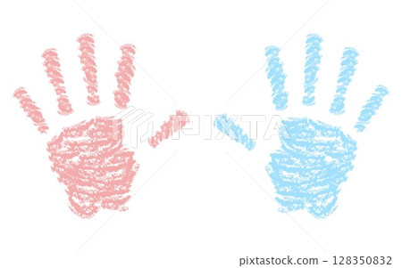 Pink and blue chalk handprints. Child hand drawn style for baby shower design, gender reveal concept, preschool posters, kids prints, and family themes. Pink and blue chalk handprints. Child hand drawn style for baby shower design, gender reveal concept, preschool posters, kids prints, and family themes. 128350832