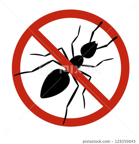 No ant sign. Insect prohibition symbol for pest control, warning, or chemical product design. Red circle crossed out black ant silhouette 128350845