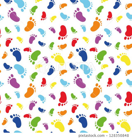 Colorful baby footprints seamless pattern. Fun foot marks background for kids, kindergarten, textile, wrapping paper, playroom, children's room or educational design. 128350848