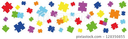 Colorful jigsaw puzzle pieces seamless banner on white background. Fun educational game concept, playful design for children, teamwork, logic, and creativity. Colorful jigsaw puzzle pieces seamless banner on white background. Fun educational game concept, playful design for children, teamwork, logic, and creativity. 128350855