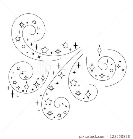 Magic swirl with sparkling stars in black and white line art style isolated. Fantasy wind flow with star dust for decorative magical design and fairytale theme. Magic swirl with sparkling stars in black and white line art style isolated. Fantasy wind flow with star dust for decorative magical design and fairytale theme. 128350858