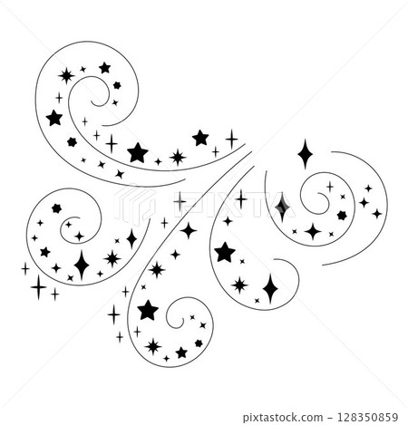 Abstract magical swirl with sparkling stars. Decorative fantasy starburst design in black and white line art style for spell or enchantment themes. 128350859
