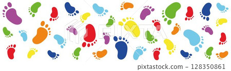 Colorful baby footprints banner. Multicolored foot prints. Cute children's feet design for kids decor, baby shower, textile, background, web banner, or nursery Colorful baby footprints banner. Multicolored foot prints. Cute children's feet design for kids decor, baby shower, textile, background, web banner, or nursery 128350861