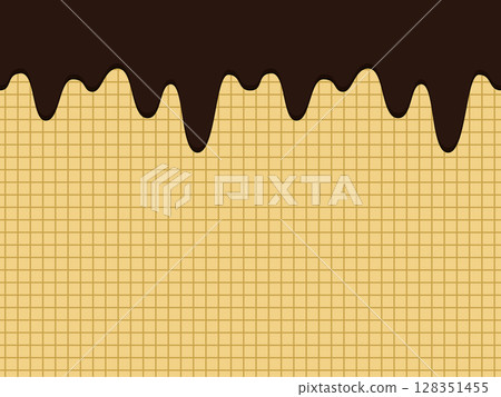 Melted chocolate and waffle cone background Melted chocolate and waffle cone background 128351455