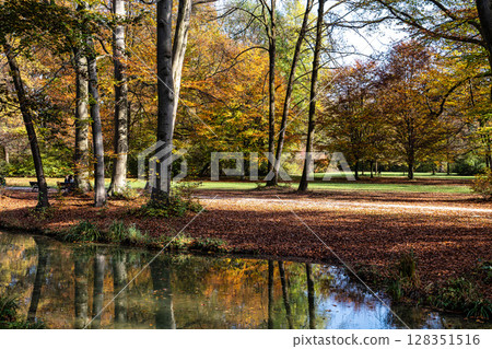 Golden autumn view in famous Munich relax place - Englischer Garten. Munich, Bavaria, Germany Golden autumn view in famous Munich relax place - Englischer Garten. Munich, Bavaria, Germany 128351516