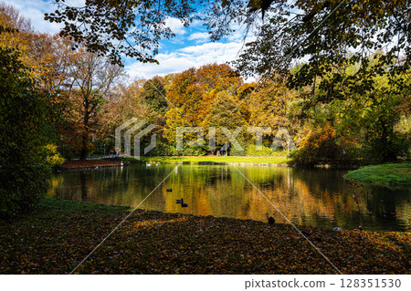 Golden autumn view in famous Munich relax place - Englischer Garten. Munich, Bavaria, Germany Golden autumn view in famous Munich relax place - Englischer Garten. Munich, Bavaria, Germany 128351530