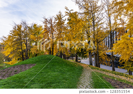 Golden autumn view in the Olympiapark in Munich, Germany, an Olympic Park for the 1972 Summer Olympics Golden autumn view in the Olympiapark in Munich, Germany, an Olympic Park for the 1972 Summer Olympics 128351554