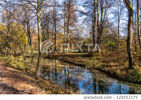 Golden autumn view in famous Munich relax place - Englischer Garten. Munich, Bavaria, Germany Golden autumn view in famous Munich relax place - Englischer Garten. Munich, Bavaria, Germany 128351575