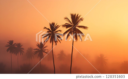 tropical landscape with tall palm trees silhouetted against a warm orange and golden misty sunrise sky, creating a peaceful and dreamy atmosphere with soft light and gentle fog in the background tropical landscape with tall palm trees silhouetted against a warm orange and golden misty sunrise sky, creating a peaceful and dreamy atmosphere with soft light and gentle fog in the background 128351603