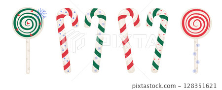 Caramel sweets, round lollipops and candy canes, colorful Christmas set 128351621