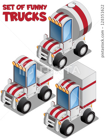 A set of different funny trucks. Isometric. Isolated on white background. Vector illustration.  128351622