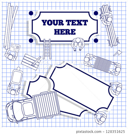 Workers attach labels on a sheet in a cage. View from above. Vector illustration. Workers attach labels on a sheet in a cage. View from above. Vector illustration. 128351625