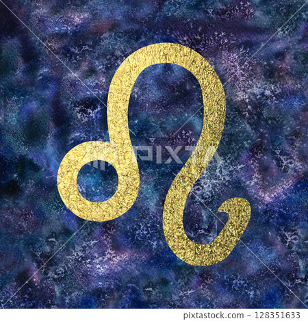 Golden Leo zodiac symbol with aged gold foil texture on starry sky background. Watercolor template for zodiac calendar, astrology design, cards, horoscopes, label, logo, gift, wallpapers Golden Leo zodiac symbol with aged gold foil texture on starry sky background. Watercolor template for zodiac calendar, astrology design, cards, horoscopes, label, logo, gift, wallpapers 128351633