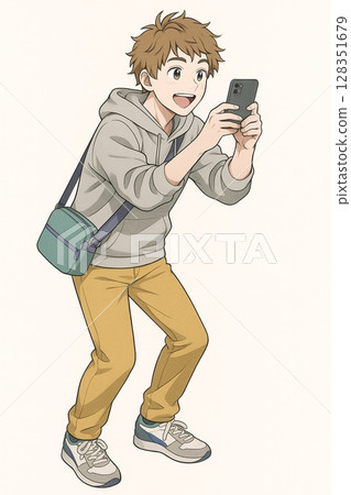 Man taking a picture with a smartphone Cartoon illustration Generative AI 128351679