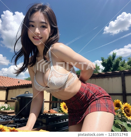 Cooking in a sunflower field!! 128351748