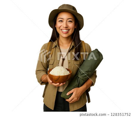 女性露營者和餐食 女性露營者和餐食 128351752