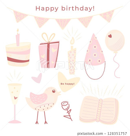 Kawaii birthday doodle set in pastel palette, cute vector stickers in light pink and yellow colors, elements for a postcard 128351757
