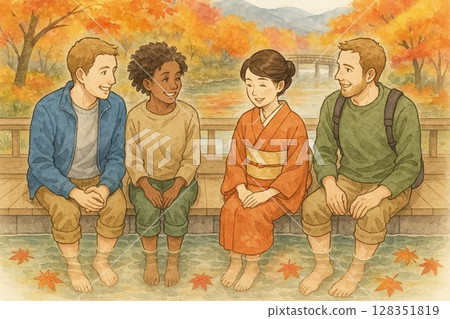 遊客一邊泡腳，一邊和周圍的人愉快地聊天。圖片來源：生成式人工智慧 128351819