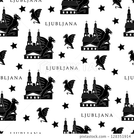Ljubljana, black and white seamless pattern Ljubljana, black and white seamless pattern 128351914