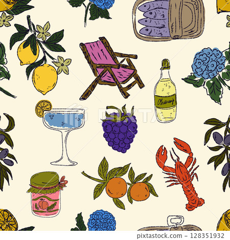 The Dolce Vita collection is a whimsical seamless pattern with vibrant color accents, inspired by the Mediterranean lifestyle. Hand-drawn sketch style 128351932