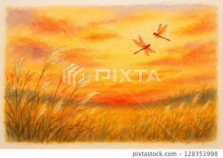 日落,紅蜻蜓,紫芒田 日落,紅蜻蜓,紫芒田 128351998