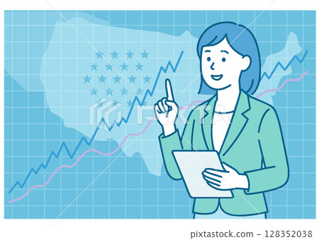 一位西裝筆挺的女士指著一張經濟圖表 128352038