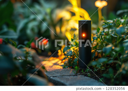 A pest repellent sensor is installed among the plants in the garden in the backyard of a private home. Smart technologies. A pest repellent sensor is installed among the plants in the garden in the backyard of a private home. Smart technologies. 128352056