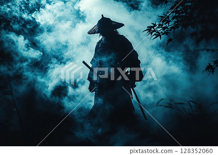 Front view of a samurai warrior wearing a traditional conical hat and dark clothing standing against a background of thick smoke in the dark. Samurai with a katana. 128352060