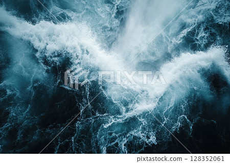 Splash of big waves on the sea. Storm. View from above. Generated by artificial intelligence Splash of big waves on the sea. Storm. View from above. Generated by artificial intelligence 128352061