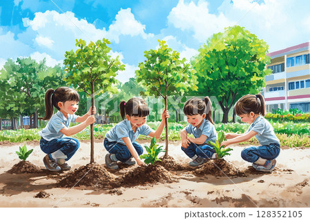Illustration on the theme of urban greening. Asian children plant trees and bushes in the school yard. 128352105