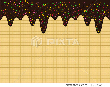 Melted chocolate and waffle cone background 128352350