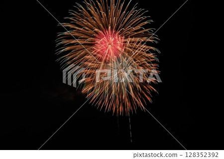 Large fireworks blooming in the summer night sky Large fireworks blooming in the summer night sky 128352392