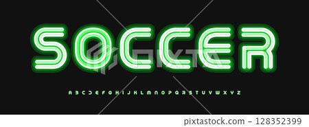 Green neon alphabet, glowing outline letters, bold electric font for soccer banner, football game logo, scoreboard title, casino sign, online sport bet, luminous typographic design. Vector typeset 128352399