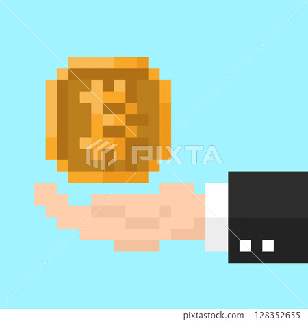 A hand of businessman with cryptocurrency coin. Vector icon in 8 bit style 128352655