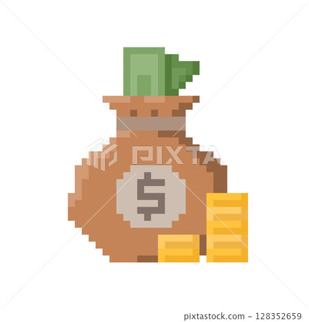 Money bag with banknote and coins flat icon vector. Pixel 8bit style Money bag with banknote and coins flat icon vector. Pixel 8bit style 128352659
