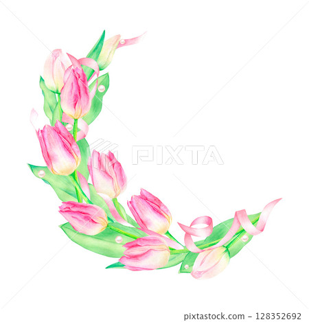 Watercolor spring wreath with pink tulips, leaves, ribbon and pearls. Hand painted isolated on white background. Festive floral illustration for design, print. 128352692