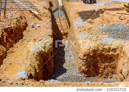 Construction workers prepare trenches filled with gravel for building foundations in rural area under works day Construction workers prepare trenches filled with gravel for building foundations in rural area under works day 128352728