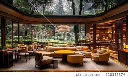 Elegant lounge interior with scenic garden view warm lighting comfortable seating 128352874