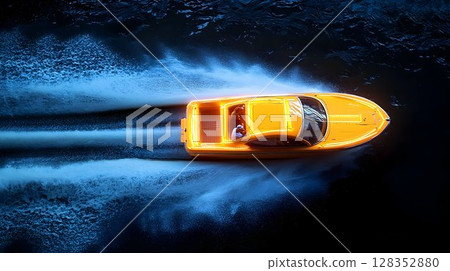 Fast yellow toy boat speeding on water top down view 128352880