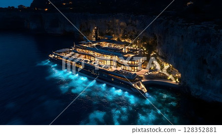 Luxury yacht docked at night near cliffside dramatic ocean view Luxury yacht docked at night near cliffside dramatic ocean view 128352881