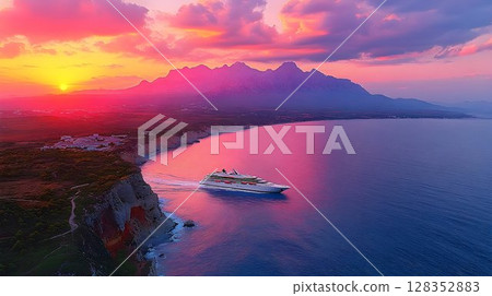 Cruise ship sunset coastal landscape vibrant colors scenic view Cruise ship sunset coastal landscape vibrant colors scenic view 128352883