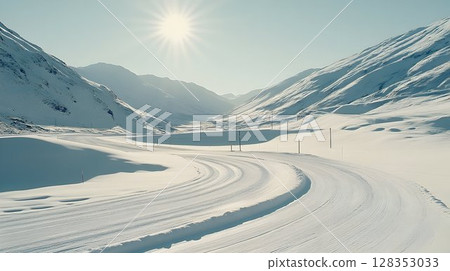 Serene winter mountain landscape peaceful snow scene 128353033