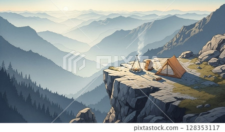 Solo camping on a cliff with spectacular mountain views Solo camping on a cliff with spectacular mountain views 128353117