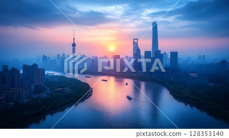 Serene city sunrise reflection abstract background 128353140